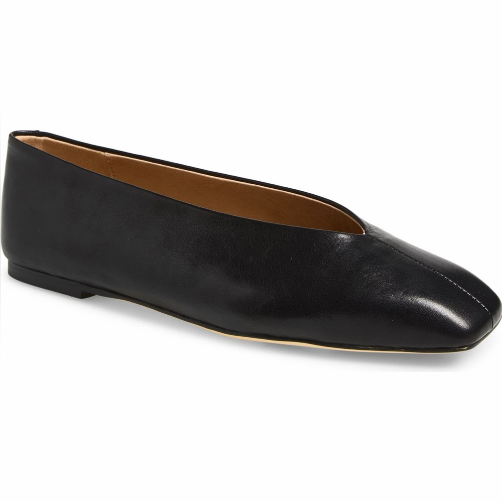 Tony Bianco Black Leather Square-Toe Ballet Flat